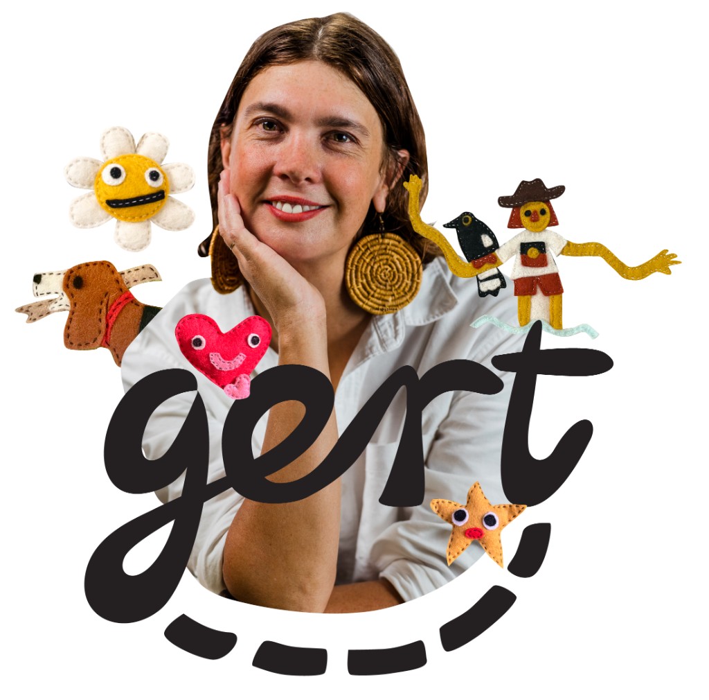 Gert Geyer portrait with felt cutouts and creatures.